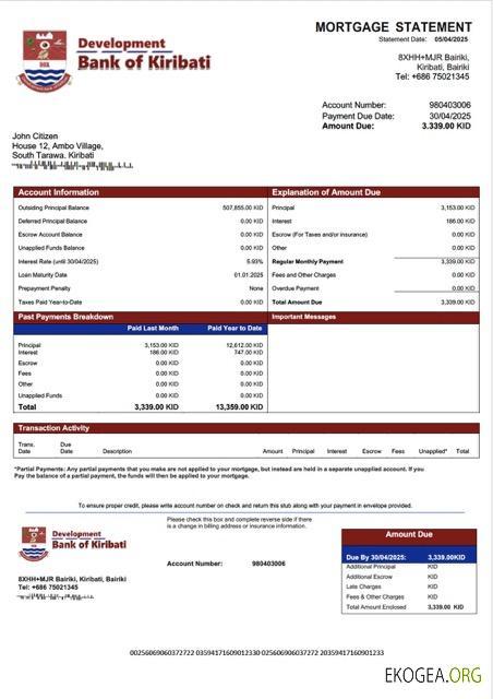 Modèle Word et PDF de relevé hypothécaire de la Kiribati Development Bank of Kiribati